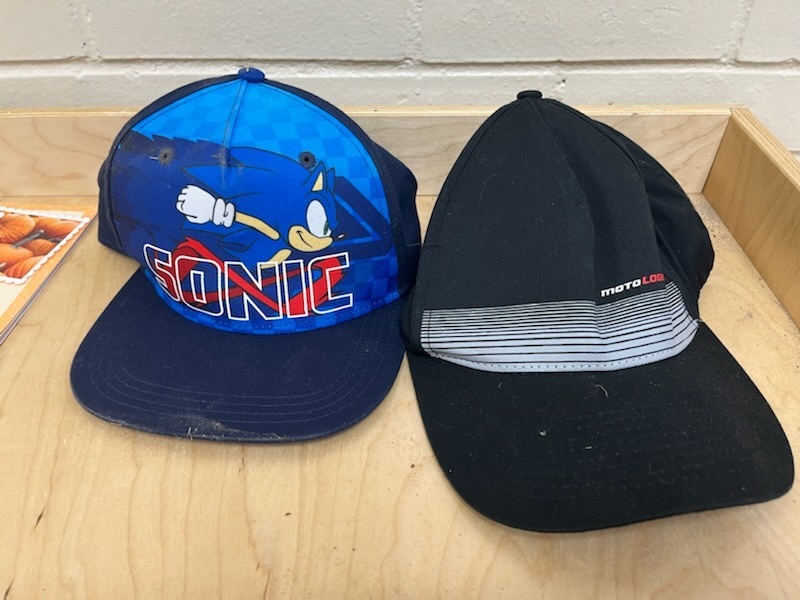 Blue Sonic the Hedgehog Hat and Black hat with "moto-logo" on it.